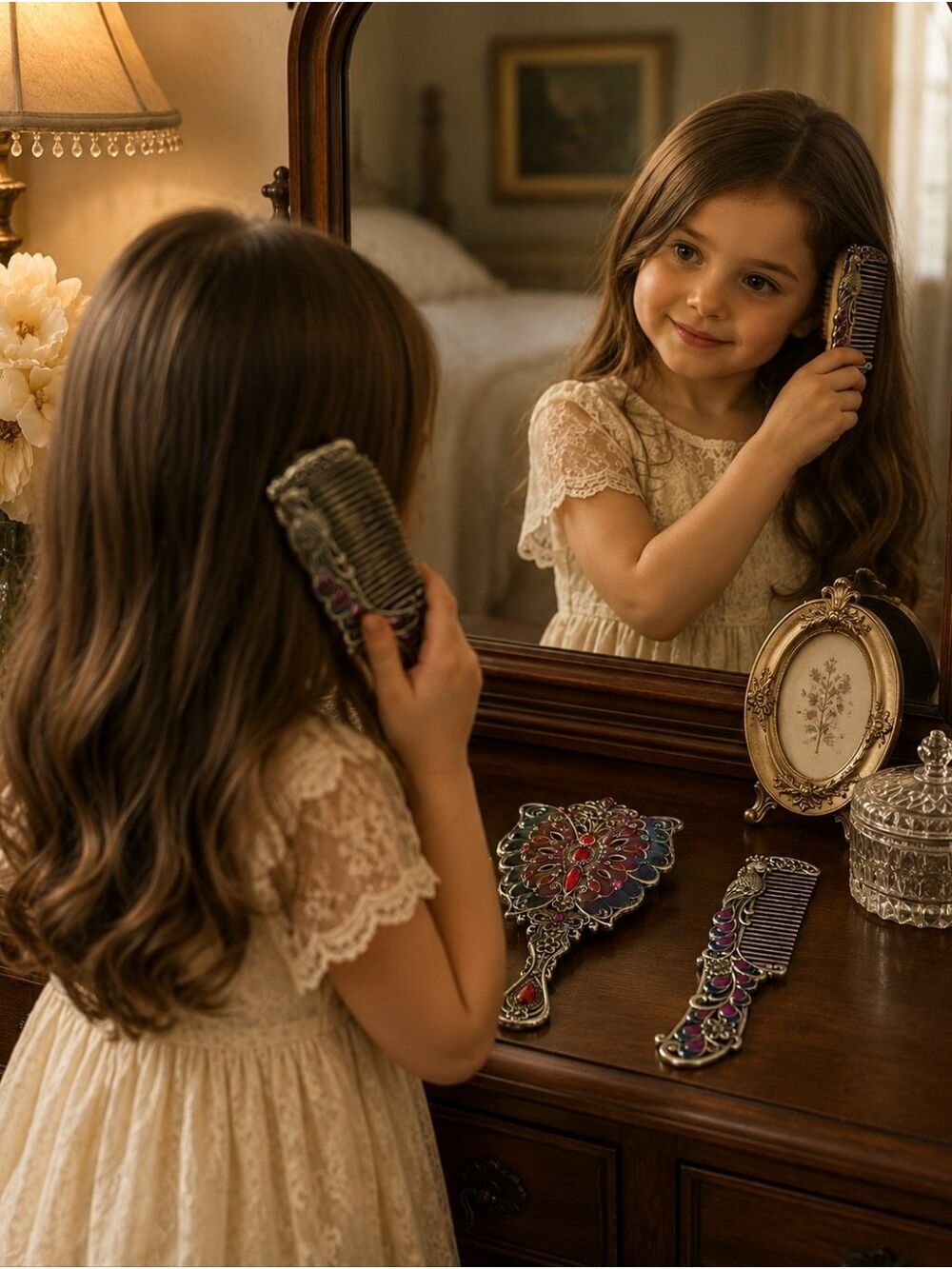 Vintage Peacock Comb & Butterfly Hand Mirror Set – Ornate Vanity Decor - Picture 1 of 4